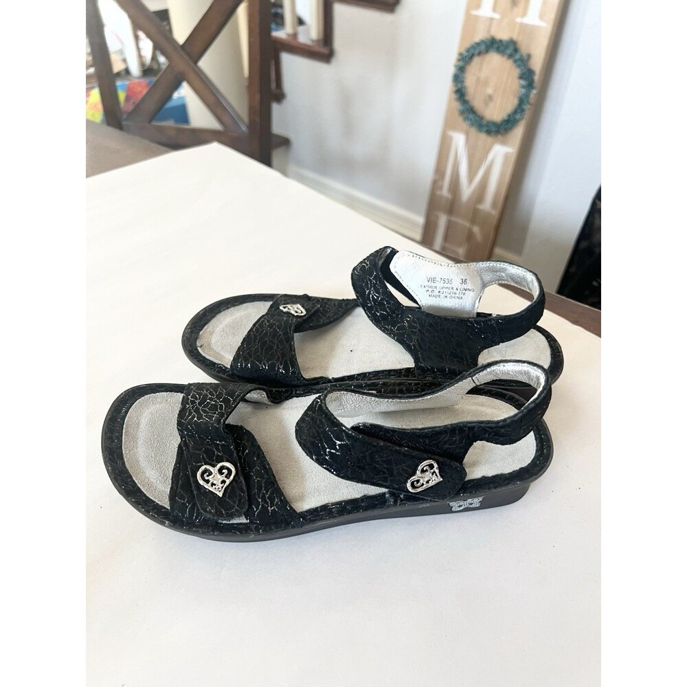 Alegria Vienna Black Crackle Leather Heart Buckle Comfort Sandals VIE-7535 36